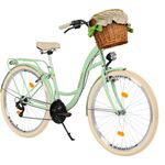 MILORD Damenfahrrad Citybike Komfort mit 21-Gang-Schaltung, 26 Zoll, Weidenkorb, Grün-Creme