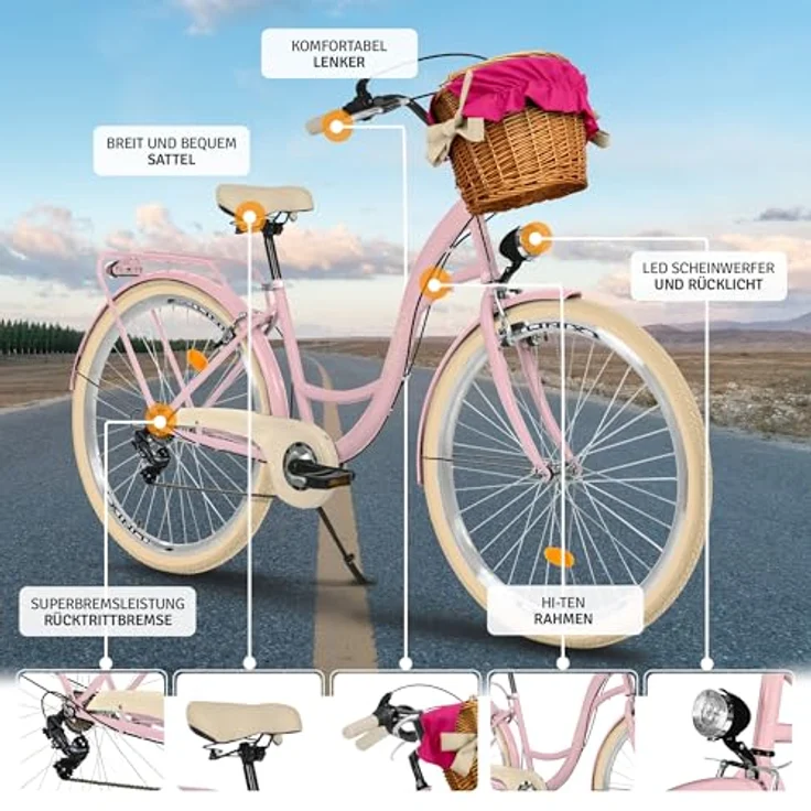 Milordbikes City-Fahrrad, Pink und Creme, 46 cm, Metallrahmen, Freizeit- und Sportbike mit Trägersystem – Bild 2
