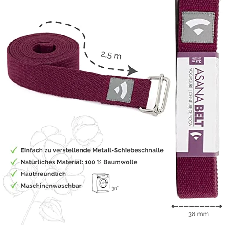 Bodhi Yogagurt | ASANA Belt aus 100% Baumwolle | Praktisches Yoga-Zubehör zur Dehnung | Yoga-Gurt mit Schiebeschnalle aus Metall | Anfänger & Fortgeschrittene | 250 x 3,8 cm (aubergine) – Bild 3