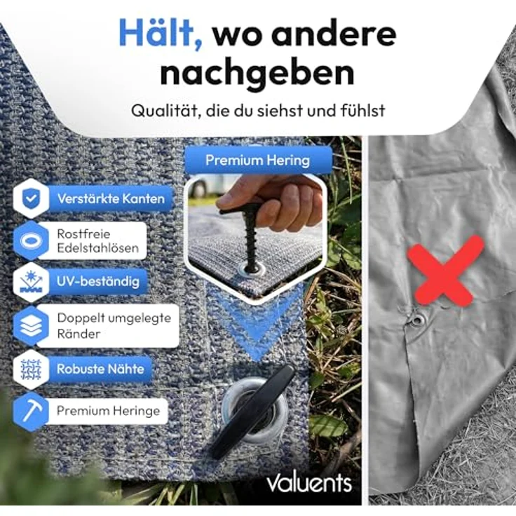 valuents Vorzeltteppich, 300x600cm, blau/grau, robustes Material mit Tragetasche, Wäscheleine & 8 T-Heringen – Bild 4
