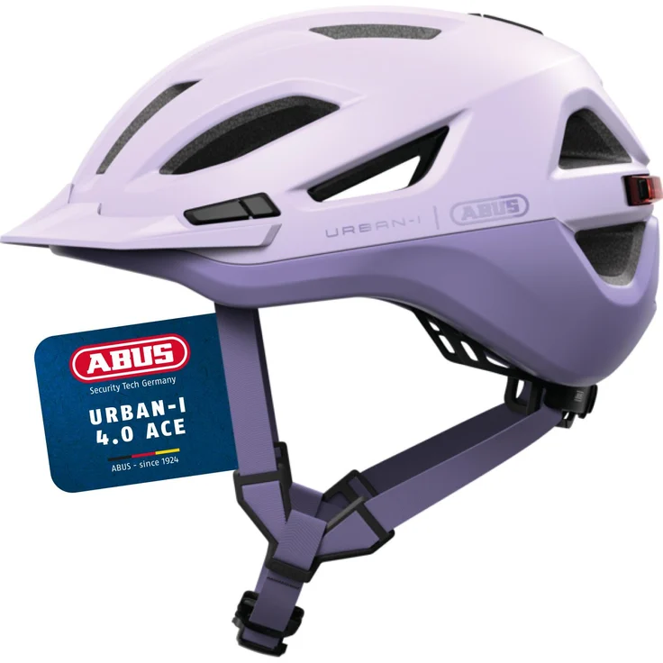 ABUS Urban-I 4.0 ACE, Fahrradhelm mit aufladbarem Rücklicht, 4 Leuchtmodi, Schirm, Zopf-Öffnung, magnetischem Verschluss, Größe M, lila – Bild 1
