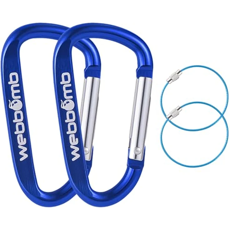 WEBBOMB® 2X Karabiner Haken 6,7 cm Schnappverschluss mit 2 Edelstahl-Drahtseil Schlüsselringen für Camping, Wandern, Angeln - Blau