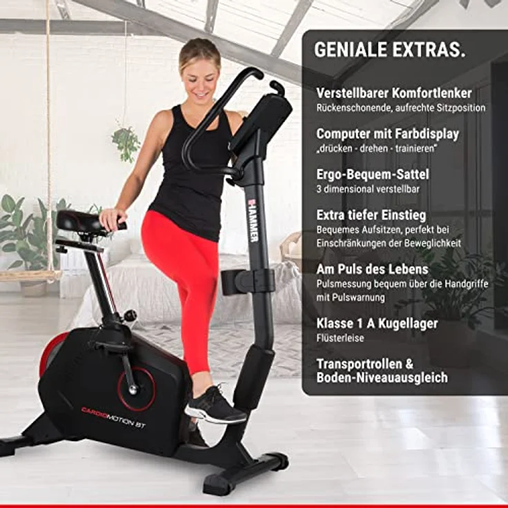 HAMMER Ergometer Cardio Motion BT, leises Fitnessfahrrad mit tiefem Einstieg und Comfort-Sattel, geeignet als Heimtrainer für Senioren, Bluetooth und App-Steuerung, Tablethalterung, 110 x 52 x 140 cm – Bild 2