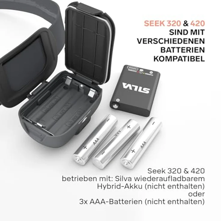 Silva Seek LED Stirnlampe, 320 Lumen, 3 Helligkeitsstufen, IPX5 wasserfest, Betrieb mit 3x AAA oder wiederaufladbarem Akku, mit Batterieanzeige, 92g – Bild 4