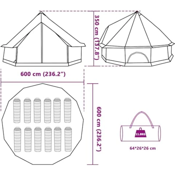 vidaXL Tipi Familienzelt für 12 Personen, Wasserdichtes Campingzelt mit Netzwänden und E-Anschluss, Grau Orange 185T Polyester – Bild 3