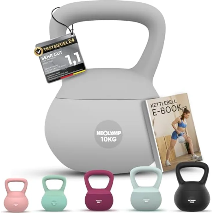 NEOLYMP Soft Kettlebell 10 kg, bodenschonend & leise mit ergonomischem Softgriff, stoßdämpfende Kugelhantel für Homegym (Grau)