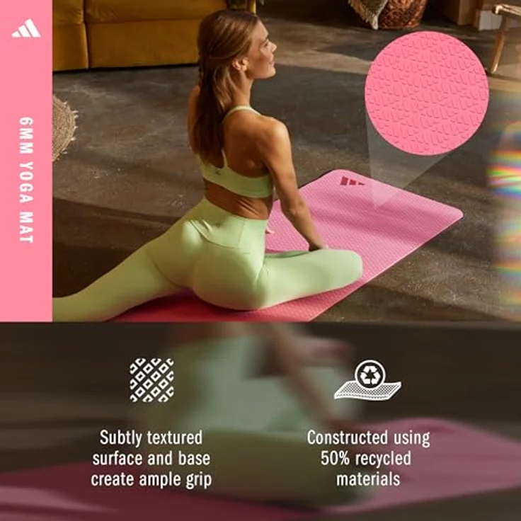 adidas Yogamatte, mitteldichte Trainingsmatte mit 4 mm Dämpfung, aus 50% wiederverwendbaren Materialien, 176 x 61 cm, verbesserte Griffigkeit – Bild 5