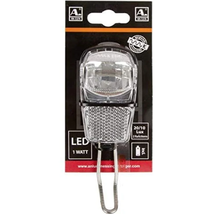 Anlun LED-Fahrrad-Frontlicht, 1 Watt mit 20/10 Lux, schwarz, inkl. Reflektor und Niro-Stahlhalter – Bild 3