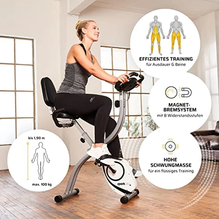 SportPlus Heimtrainer klappbar für zuhause, optional mit App Steuerung, Rückenlehne,Pulsmessung, manuelle oder computergesteuerte Widerstände, X Bike platzsparend faltbar – Bild 3