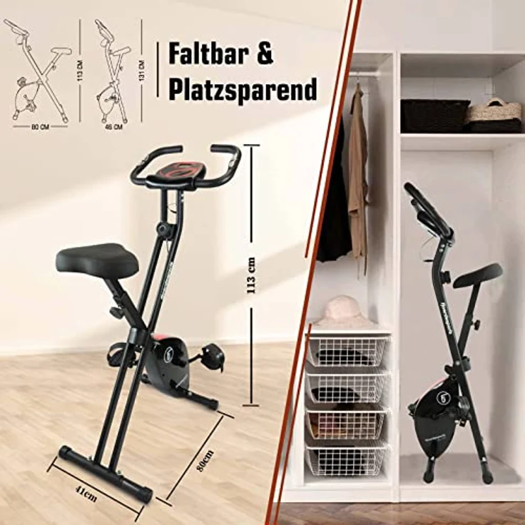 Fjoerdesports faltbarer Fahrradtrainer, Heimtrainer, Fitnessfahrrad LCD Trainingscomputer, klappbarer Hometrainer, inklusive Pulsmessung, maximales Benutzergerwicht 110 kg, 8 Widerstandsstufen (Rot) – Bild 3