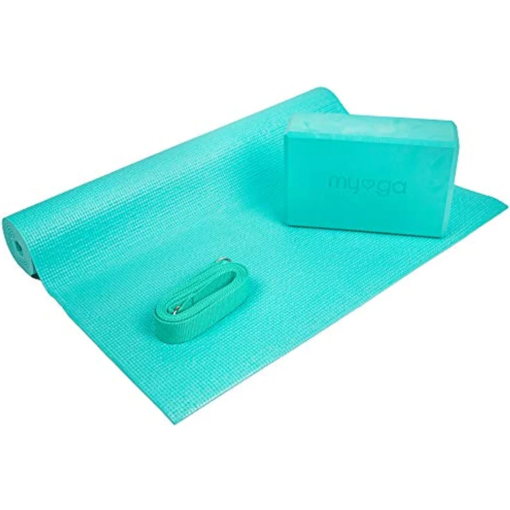 Myga Yoga Starter Kit, Komplettes Set mit rutschfester Yogamatte (4 mm), Yogablock und Gurthilfe, ideal für Anfänger, Zuhause und Reisen, Türkis – Bild 4