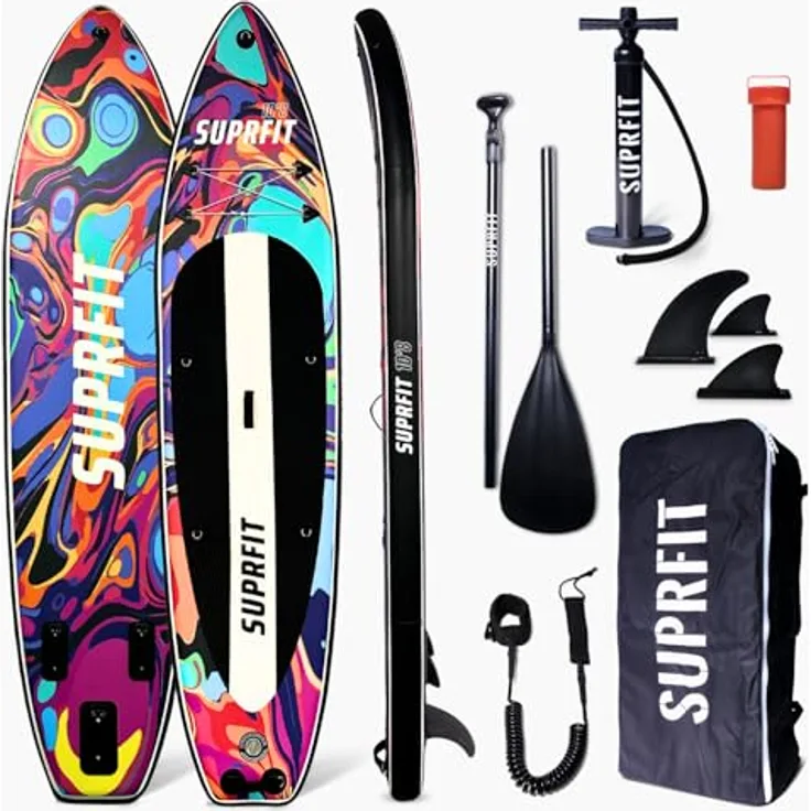 SF SUPRFIT Inflatable SUP-Board Water Marble, 330 cm Touring Set mit Pumpe, Paddel, Finnen, Rucksack, Leash & Reparaturkit, rutschfestem EVA-Pad