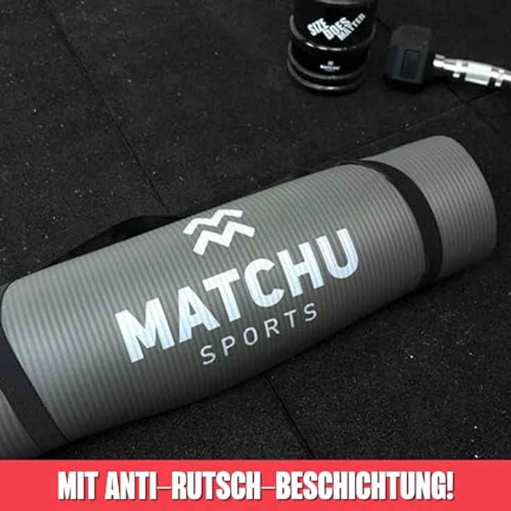 MATCHU Yoga Matte, rutschfest und wasserfest, 183x61x1 cm, aus NBR, inkl. Tragegurt, grau, leicht zu reinigen – Bild 2
