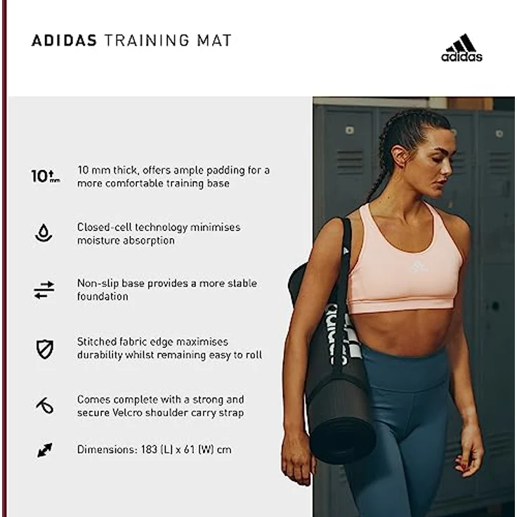 adidas Yogamatte (10 mm) - voll gepolstert, mit genähten Stoffkanten und geriffelter Unterseite, rutschfest, inkl. Tragegurt, Maße: 183 x 61 cm – Bild 2