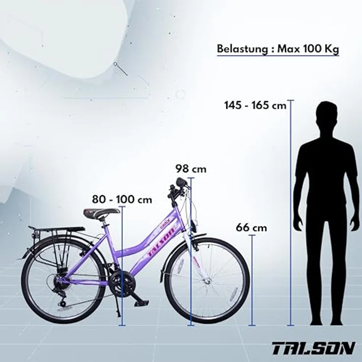 Talson City-Fahrrad 26 Zoll, 21-GG-Shimano-Schaltung, mit Beleuchtung und Gepäckträger, Lila – Bild 6