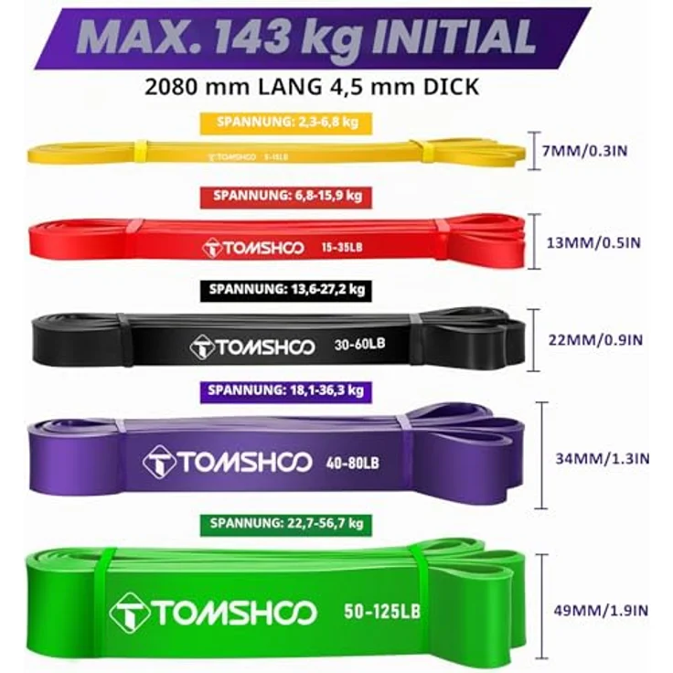 TOMSHOO Resistance Bands Set, 5 Widerstandsbänder mit 2 Griffen, 1 Türanker und Aufbewahrungstasche, mehrere Widerstandsstufen für Krafttraining, Klimmzüge, grün bis schwarz – Bild 4