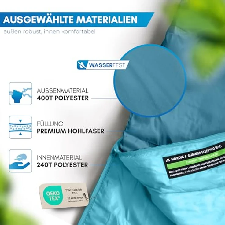 NORDMUT® Schlafsack Ultraleicht, Mumienschlafsack 100 GSM Sommer und 300 GSM 4-Jahreszeiten, wasserfest, 900g, mit Kompressionsbeutel, Graublau – Bild 2
