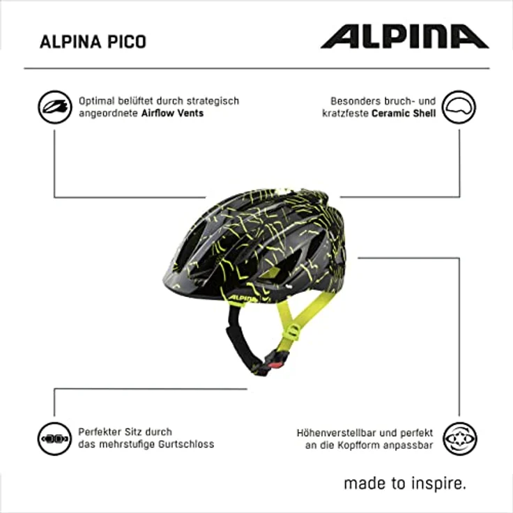 Alpina Kids Pico Black - Neon Yellow Gloss, Größe 50 - 55 cm - Fahrradhelm, Farbe Schwarz – Bild 8