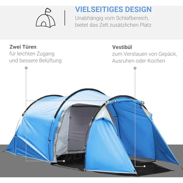 Outsunny Campingzelt 2-3 Personen, stabil und wasserdicht mit Seitentür, 2000 mm Wassersäule, Tunnelzelt, hellblau – Bild 3