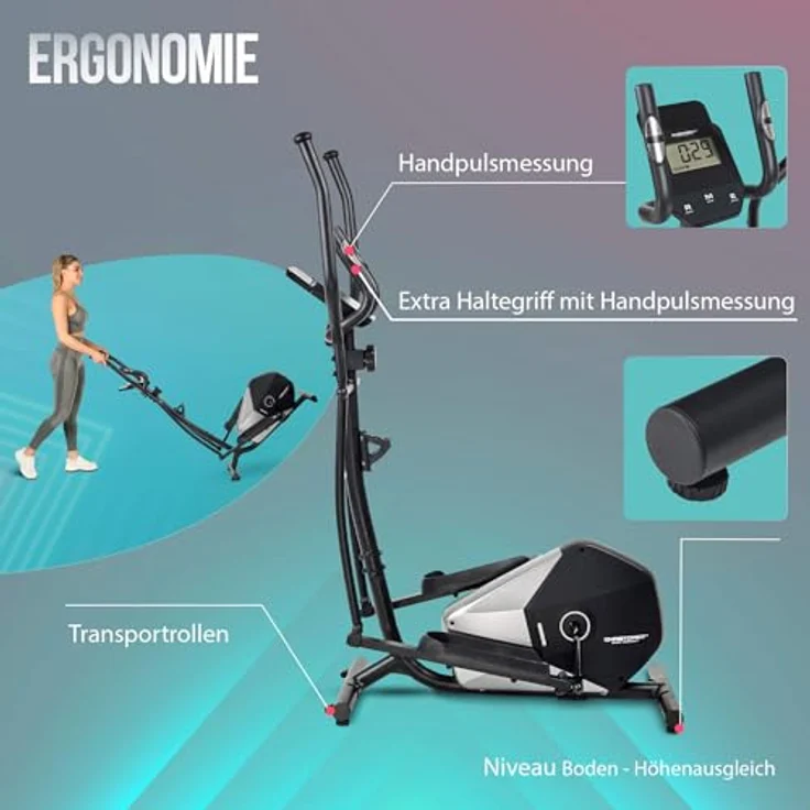 Christopeit CT 5 Crosstrainer für Zuhause, Magnet-Bremssystem, 7 kg Schwungmasse, 15-stufige Widerstandseinstellung, LCD-Display mit Pulsmessung, bis 120 kg belastbar – Bild 4