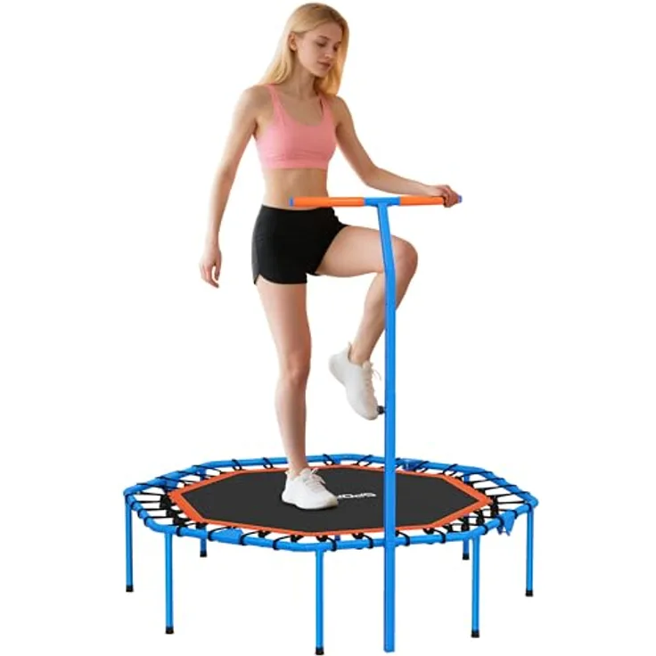 SPORTNOW Fitness Trampolin klappbar Ø128 cm, Mini Trampolin mit 5-stufig höhenverstellbarem Haltegriff, leise Gummiseile, für Indoor und Outdoor Jumping