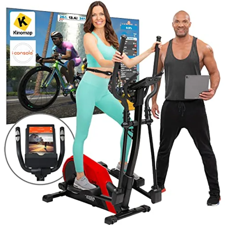 Miweba Sports Profi Crosstrainer MC300 Stepper - Mit App Steuerung - 21 Kg Schwungmasse - Ellipsentrainer - Heimtrainer elektrisch - Pulsgurt - Magnetbremse - Für Zuhause (Rot Schwarz)