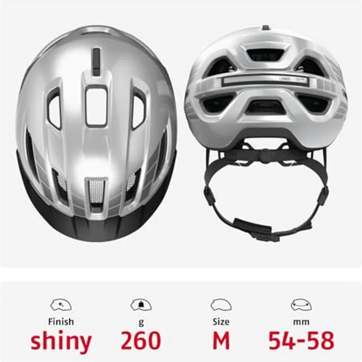 ABUS Stadthelm Urban-I 4.0 LR, Fahrradhelm mit Zopf-Öffnung, Schirm und magnetischem Verschluss, light ready für Rücklicht-Nachrüstung, Größe M, silber – Bild 3