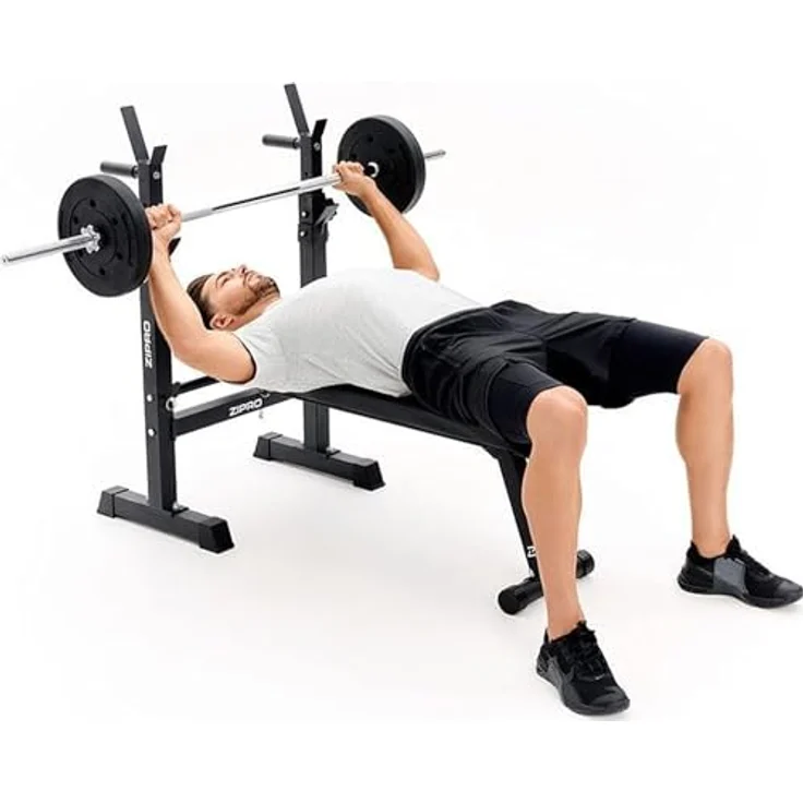 Zipro Bankdrücken Bank Core, Fitnessbank mit verstellbaren Hantelablagen, klappbar Bench Press, Drückerbank mit Liegestützgriffen, Gesamtbelastbarkeit 230kg, Kraftstation ohne Stange – Bild 4