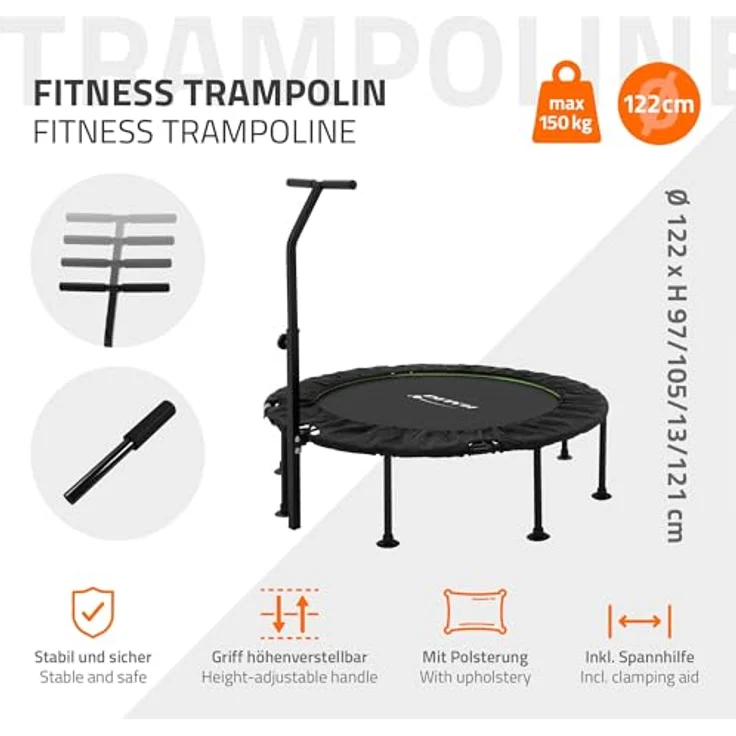 Hauki Fitness Trampolin Indoor, faltbar Ø122 cm, leise Rückprall, höhenverstellbarer Haltegriff, für Erwachsene, robust und gelenkschonend, grün – Bild 2