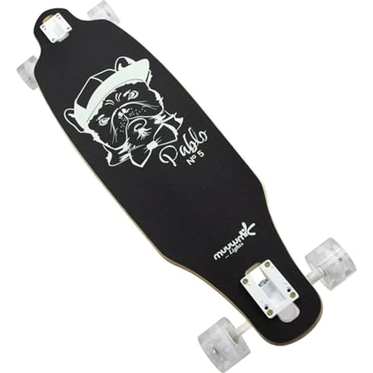 muuwmi Longboard Glow Pablo, LED-Rollen, ABEC 7, Deck 97x23 cm, 7 Zoll Aluminium Trucks, 65x51 mm Rollen, GLOW in the DARK Design – Bild 2