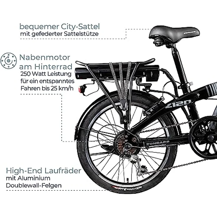 ZÜNDAPP Z120 20 Zoll E Bike Faltrad Damen Herren Elektrofahrrad klappbar Fahrrad Elektro Klapprad Ebike Pedelec E-Bike Erwachsene Klappfahrrad (schwarz/grau, 28 cm) - Kompaktes Design, kraftvoller Antrieb bis 25 km/h, 115 km Reichweite – Bild 4