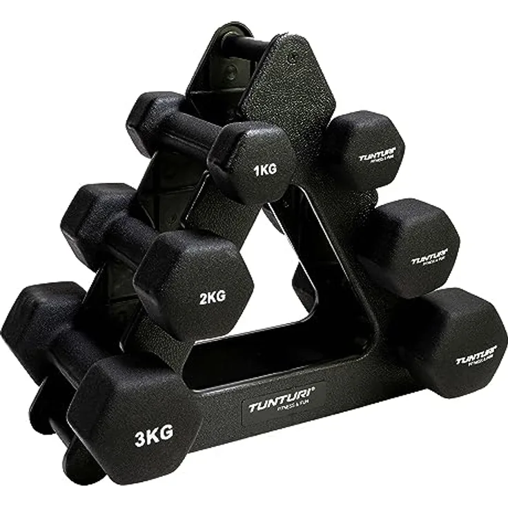 Tunturi 6er Set Kurzhanteln mit Rack, Hantelset mit je 2 x 1 kg, 2 kg, 3 kg, Kurzhantelset, Hanteln aus Gusseisen