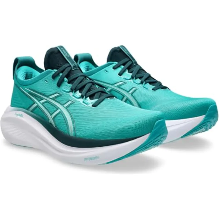 ASICS GEL-NIMBUS 27 Laufschuhe, maximale Dämpfung mit PureGEL-Technologie, Wave Teal/Saxon Green, Größe 44