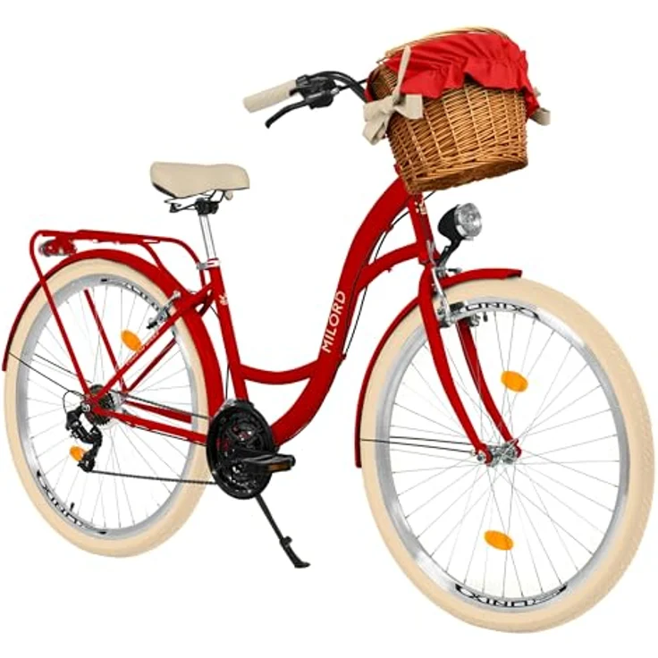 MILORD Damenfahrrad Citybike Komfort, 26 Zoll, 21-Gang, mit Weidenkorb, Rot – Bild 1