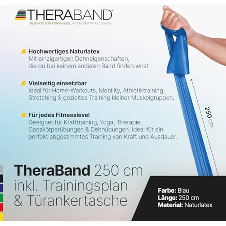 ARTZT TheraBand 2,50m blau, inkl. Türanker und Tasche, Widerstand 2,6kg, 100% Naturlatex, für Heimtraining, Krafttraining und Therapie – Bild 2