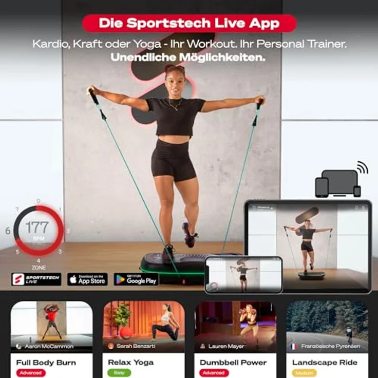 Sportstech 4D Premium Vibrationsplatte | Smart LED I 3 leise Motoren INext-Level Training mit Workout Sitz, Liegestützgriffe etc I Color Touch Display + Bluetooth I Fitness & Yoga für Zuhause |VP500 – Bild 3
