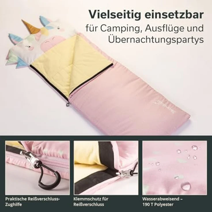 SKANDIKA Kinderschlafsack Soti, Camping Schlafsack für Kinder bis 150 cm, buntes Einhorn-Design, Baumwolle, maschinenwaschbar, Komfort-Temperatur 13 °C bis 3 °C – Bild 6