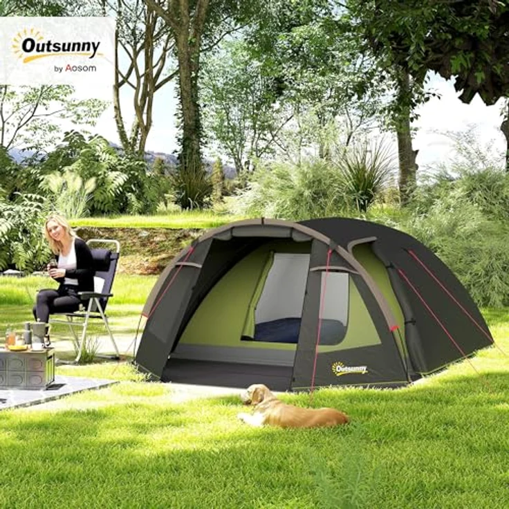 Outsunny Tunnelzelt 4 Personen, leicht und stabil, wasserdicht 3000mm Wassersäule, UV 50+, mit Vordach und Doppeltüren, ideal für Camping und Trekking – Bild 2