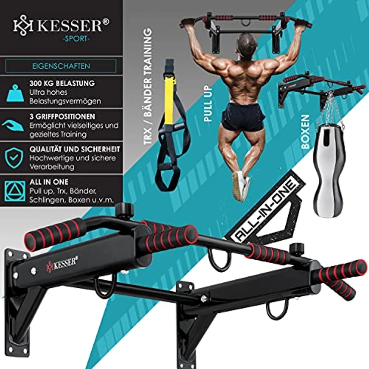 KESSER® 4in1 Klimmzugstange zur Wandmontage rutschfesten Griffen zusätzliche Funktion für Seile Ringe und Boxsäcke mit verschiedenen Griffpositionen | sicher & stabil | Pull Up Bar für zuhause, Rot – Bild 2