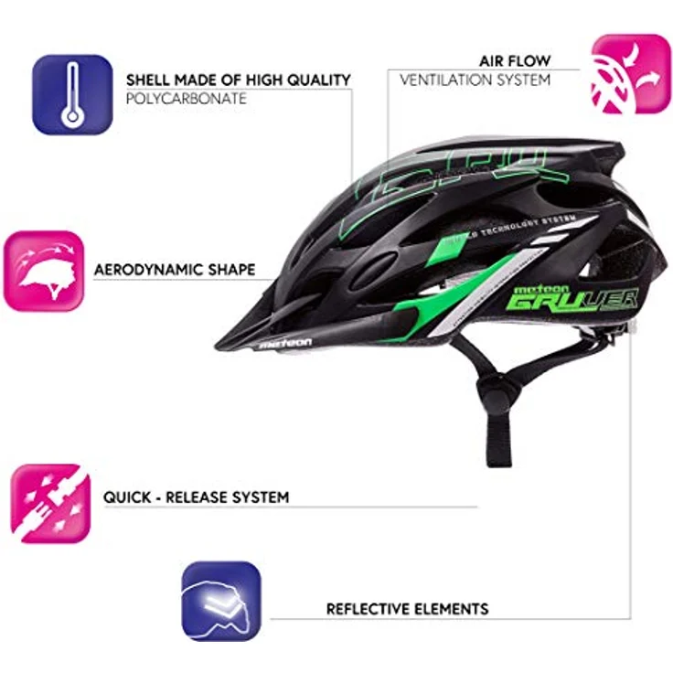 Meteor GRUVER Fahrradhelm M, Schwarz-Grün, verstellbar 55-58 cm, Air Flow System, abnehmbares Visier, antibakterielles Innenfutter – Bild 2