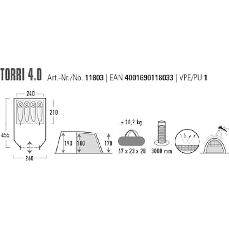 High Peak Torri 4.0, Tunnelzelt für 5 Personen, wasserdicht mit 3000 mm Wassersäule, 1,9 m Stehhöhe, inkl. Dauer-Ventilationssystem und eingenähtem Zeltboden – Bild 3