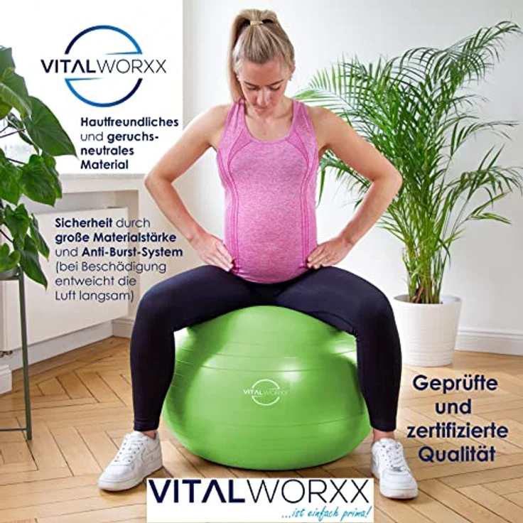 VITALWORXX Gymnastikball für Schwangere, extrem stabil, Sitzball Yogaball Pezziball 65 cm mit Pumpe, mit Übungen für Schwangerschaft, Geburt, Gesundheit, – Bild 3