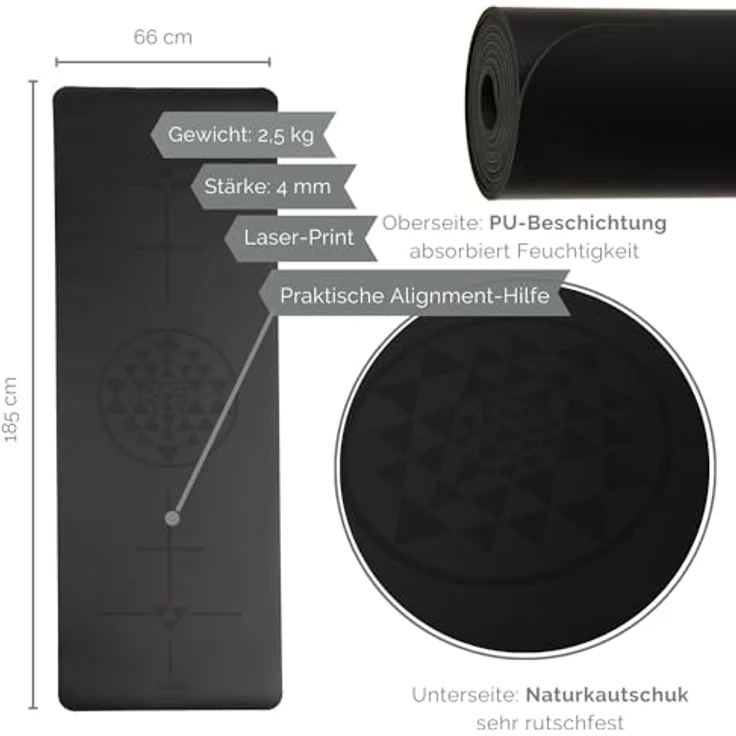 Bodhi Yogamatte Phoenix | Rutschfest & Schadstofffrei | Matte aus Naturkautschuk mit PU-Beschichtung für intensives Yoga | Antirutschmatte für deine Yogapraxis (Alignment-Yantra/schwarz) - Preisvergleich – Bild 4