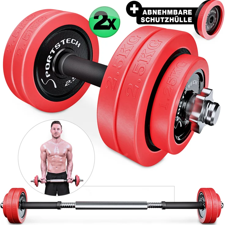 Sportstech Hantel AH300 2in1 Set, Multifunktionale Langhantel und Kurzhantel mit abnehmbaren Silikonüberzügen, 2x 15kg Gewicht