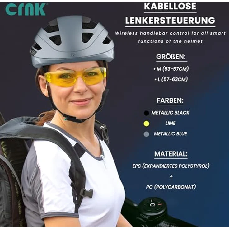CRNK Angler Alpha, Fahrradhelm in Metallic Blue, Größe M, mit Bluetooth, LED-Blinker und Memory-Schaumstoff – Bild 3