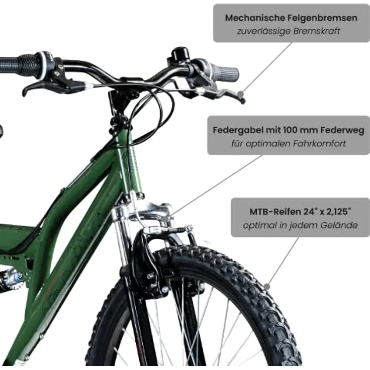Galano FS180 Jugendfahrrad 24 Zoll Mountainbike 130 - 145 cm 21 Gänge Mädchen Jungen Fahrrad ab 8 Jahre MTB Fully Jugendrad V-Brakes 37 cm, khaki – Bild 4