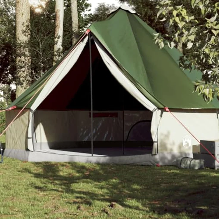 vidaXL Tipi Familienzelt 10 Personen, Campingzelt mit Netzwände, Wasserdicht Tipizelt mit E-Anschluss, Gartenzelt, Grün 185T Polyester – Bild 2
