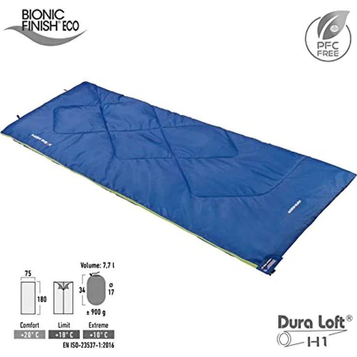 High Peak Deckenschlafsack Ranger Sommer Trekking Schlafsack Decke 900 g Leicht, BIONIC-FINISH ECO Imprägnierung, PFC freies Material, Koppelbar, umlaufender RV - Blau – Bild 2