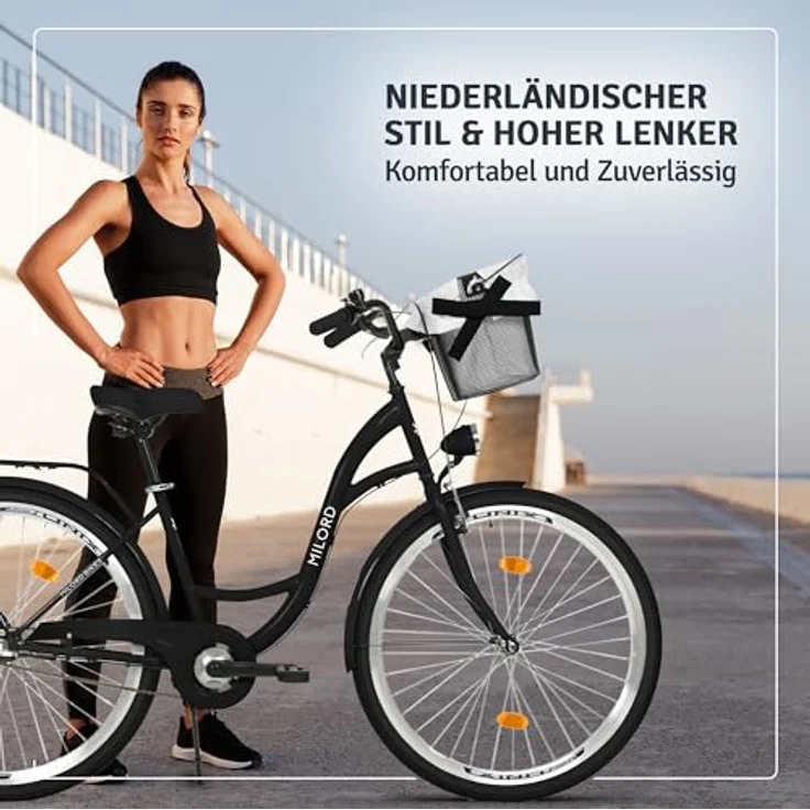 Milordbikes City-Fahrrad, Schwarz, 46 cm, Metallrahmen, für Freizeit und Fitness, mit Aluminiumfelgen und hinterem Träger – Bild 4