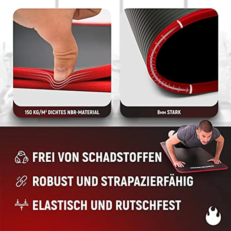 NEOLYMP Fitnessmatte 183x61 cm, extra dick und rutschfest, gelenkschonend, schalldämpfend mit Tragegurt, rote Stoffkanten – Bild 4